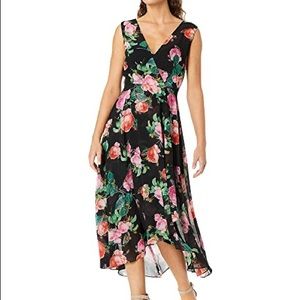 Calvin Klein Black Floral Chiffon Surplice Neck Ruffle Dress Maxi Dress Size 6